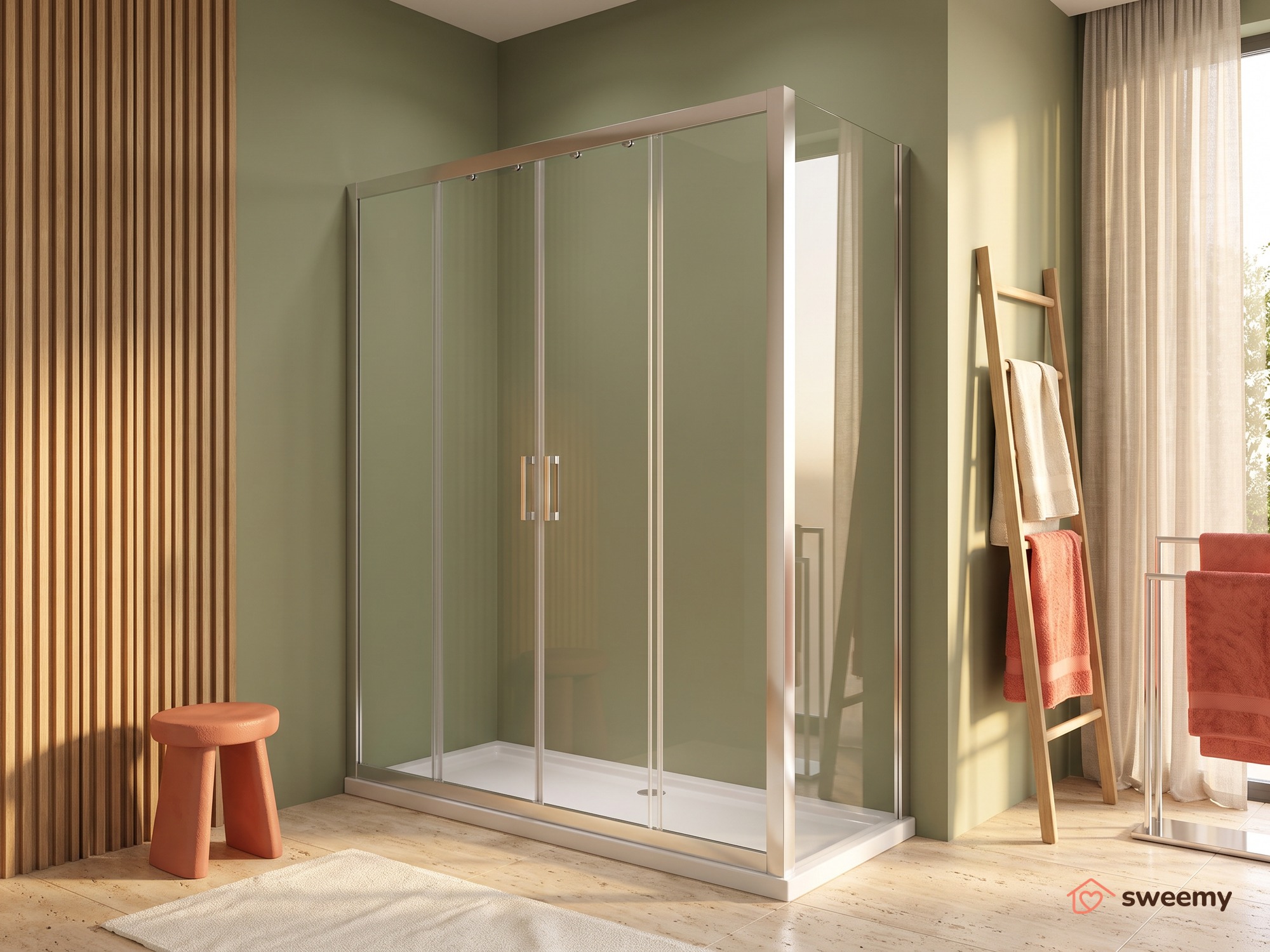 Box doccia angolare SWY-Manhattan 2.0, parete fissa + porta scorrevole 4 ante centrale, vetro temperato 6 mm, H 190 cm, cromo