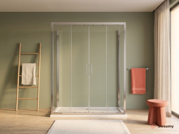 Box doccia angolare SWY-Manhattan 3.0, 2 pareti fisse + porta scorrevole 4 ante centrale, vetro temperato 6 mm, H 190 cm, cromo