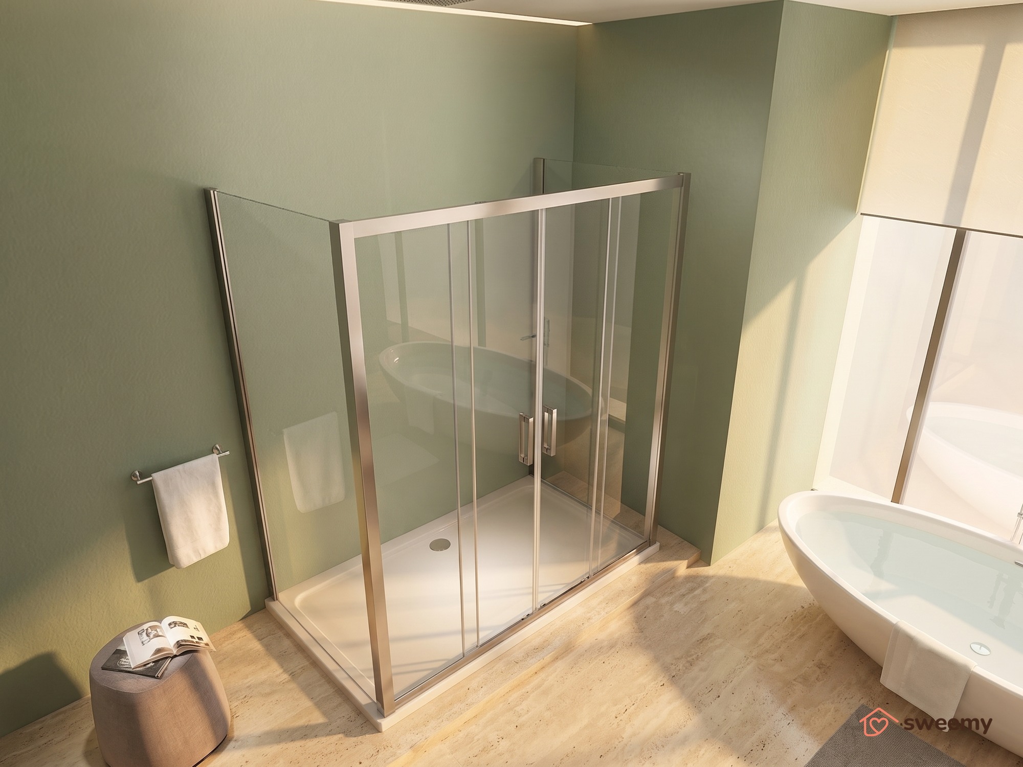 Box doccia angolare SWY-Manhattan 3.0, 2 pareti fisse + porta scorrevole 4 ante centrale, vetro temperato 6 mm, H 190 cm, cromo - immagine 4