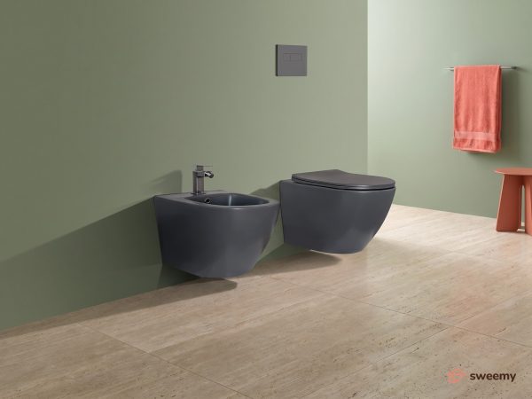 Coppia sanitari sospesi SWY-New Bent, rimless senza brida, dimensioni ridotte, coprivaso soft close