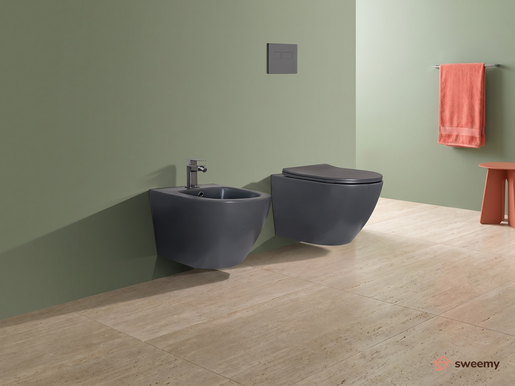 Coppia sanitari sospesi SWY-New Bent, rimless senza brida, dimensioni ridotte, coprivaso soft close