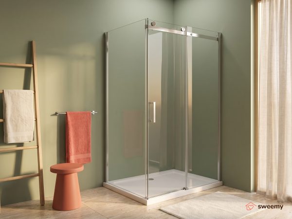 Box doccia angolare SWY-Boston 2.0, parete fissa + porta scorrevole, reversibile, vetro temperato 8 mm, H 190 cm, cromo