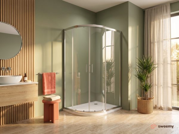 Box doccia angolare SWY-Miami, semicircolare asimmetrico, apertura destra, piatto doccia incluso, 80 x 120 cm, cromo