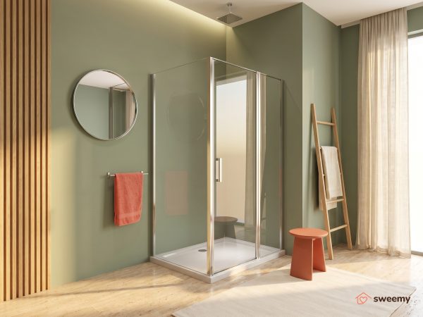Box doccia angolare SWY-Detroit 2.0, porta battente con fisso in linea + parete fissa, vetro temperato 6 mm, H 190 cm, cromo