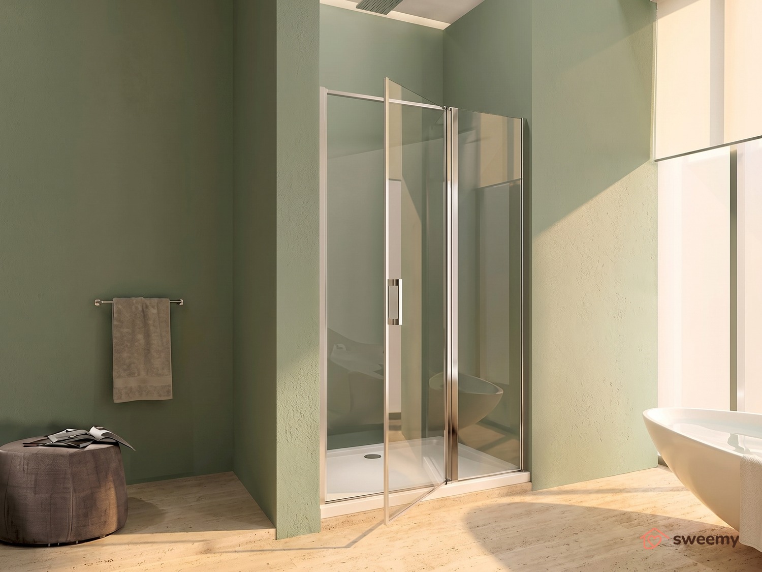 Porta doccia SWY-Detroit, porta battente con fisso in linea, per nicchia, vetro temperato 6 mm, H 190 cm, cromo - immagine 4