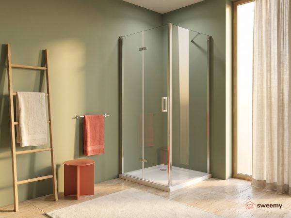 Box doccia angolare SWY-Caracas 2.0, parete fissa + porta a libro pieghevole, vetro temperato 6 mm, H 190 cm, cromo