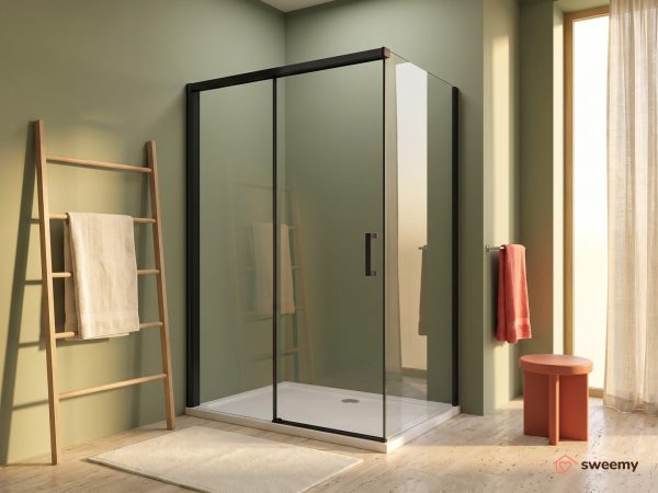Box doccia angolare SWY-Las Vegas 2.0, parete fissa + porta scorrevole soft close, vetro temperato 8 mm, H 200 cm