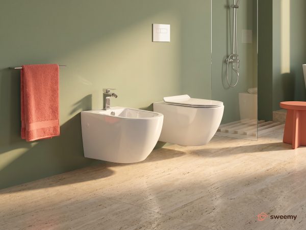 Coppia sanitari sospesi SWY-Bent, con brida, coprivaso soft close incluso, bianco lucido