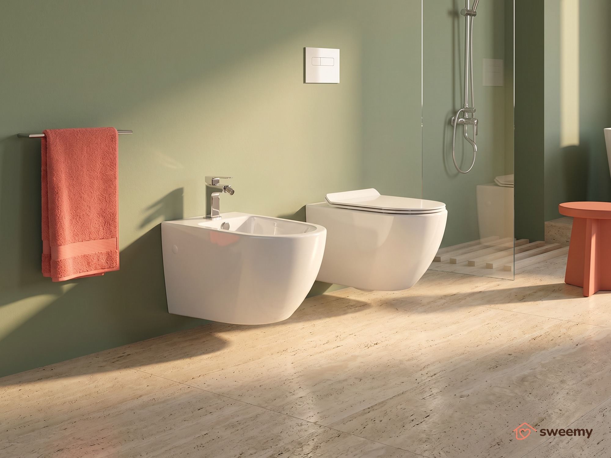Coppia sanitari sospesi SWY-Bent, con brida, coprivaso soft close incluso, bianco lucido