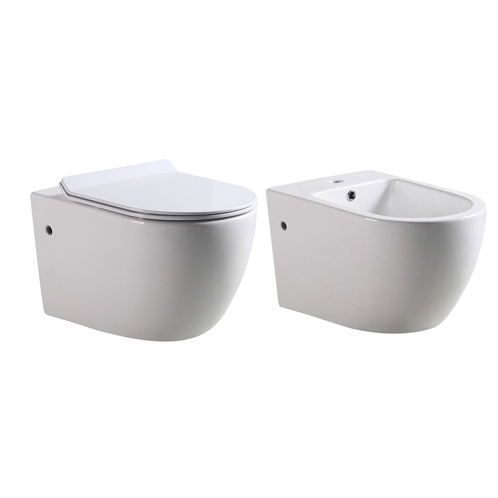 Coppia sanitari sospesi SWY-Bent, con brida, coprivaso soft close incluso, bianco lucido - immagine 5
