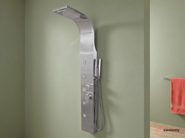 Colonna doccia idromassaggio SWY-Chicago, 4 vie, soffione, getti massaggianti e doccetta inclusi, acciaio inox spazzolato