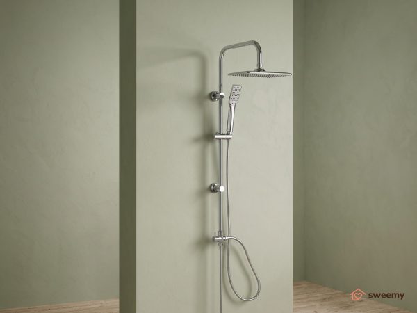 Colonna doccia SWY-Menphis, a ponte con soffione cervicale rettangolare, doccetta e flessibile, cromo