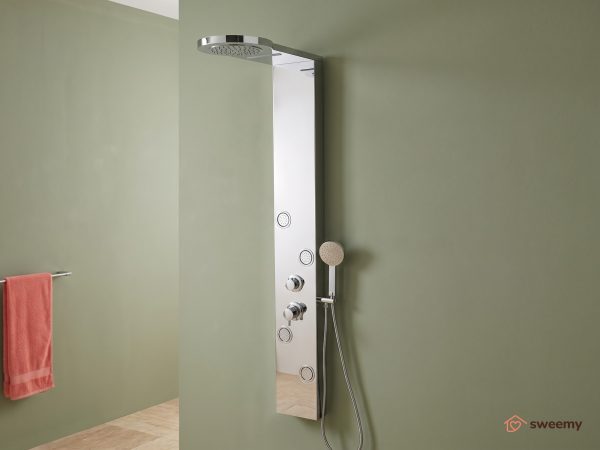 Pannello doccia idromassaggio SWY-Washington, 4 vie, soffione, getti massaggianti e doccetta inclusi, acciaio inox lucido
