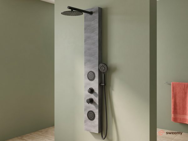 Pannello doccia idromassaggio SWY-Stone, effetto pietra, getti frontali e soffione a pioggia, doccetta inclusa, grigio opaco