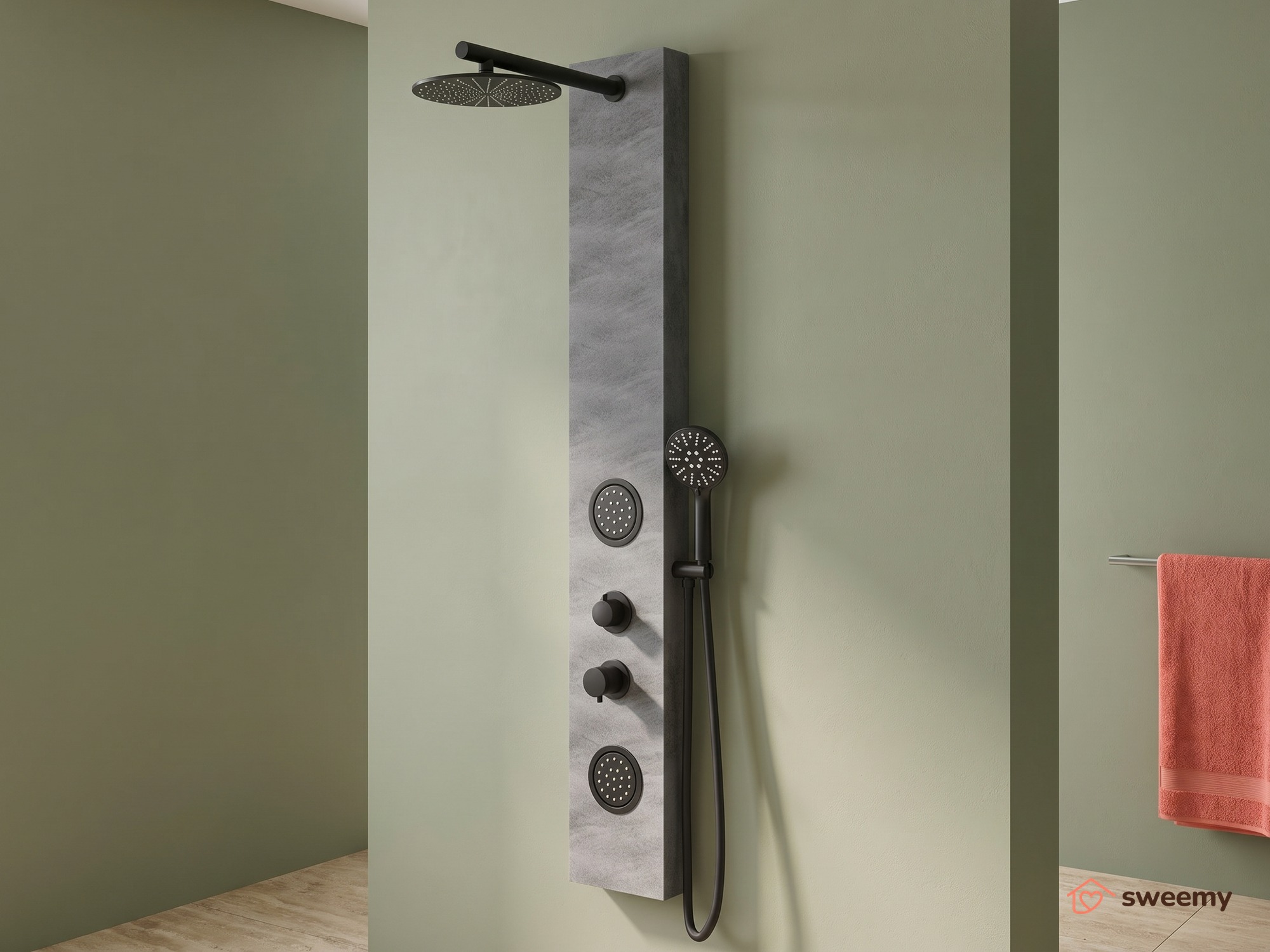 Pannello doccia idromassaggio SWY-Stone, effetto pietra, getti frontali e soffione a pioggia, doccetta inclusa, grigio opaco
