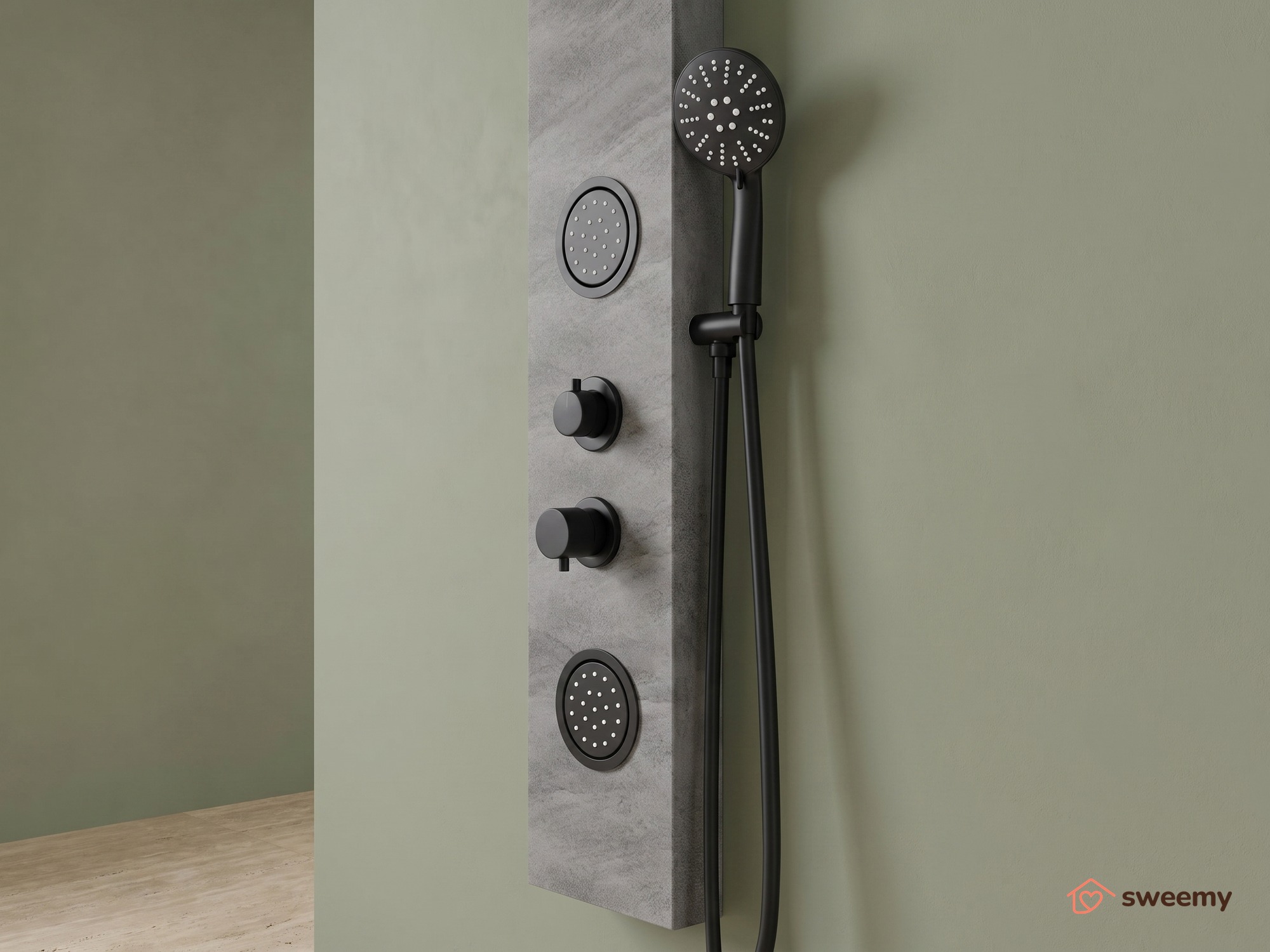 Pannello doccia idromassaggio SWY-Stone, effetto pietra, getti frontali e soffione a pioggia, doccetta inclusa, grigio opaco - immagine 2