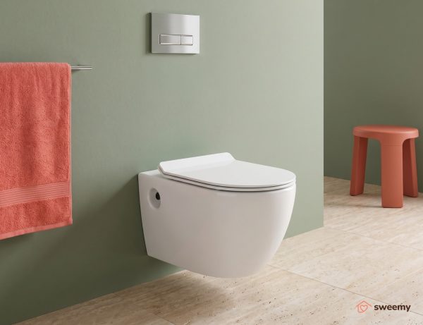 WC sospeso SWY-Bent, rimless senza brida, coprivaso soft close incluso, profondità 52 cm, bianco lucido