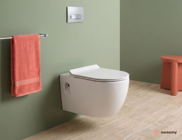 WC sospeso SWY-Bent, con brida, coprivaso soft close incluso, profondità 56 cm, bianco lucido