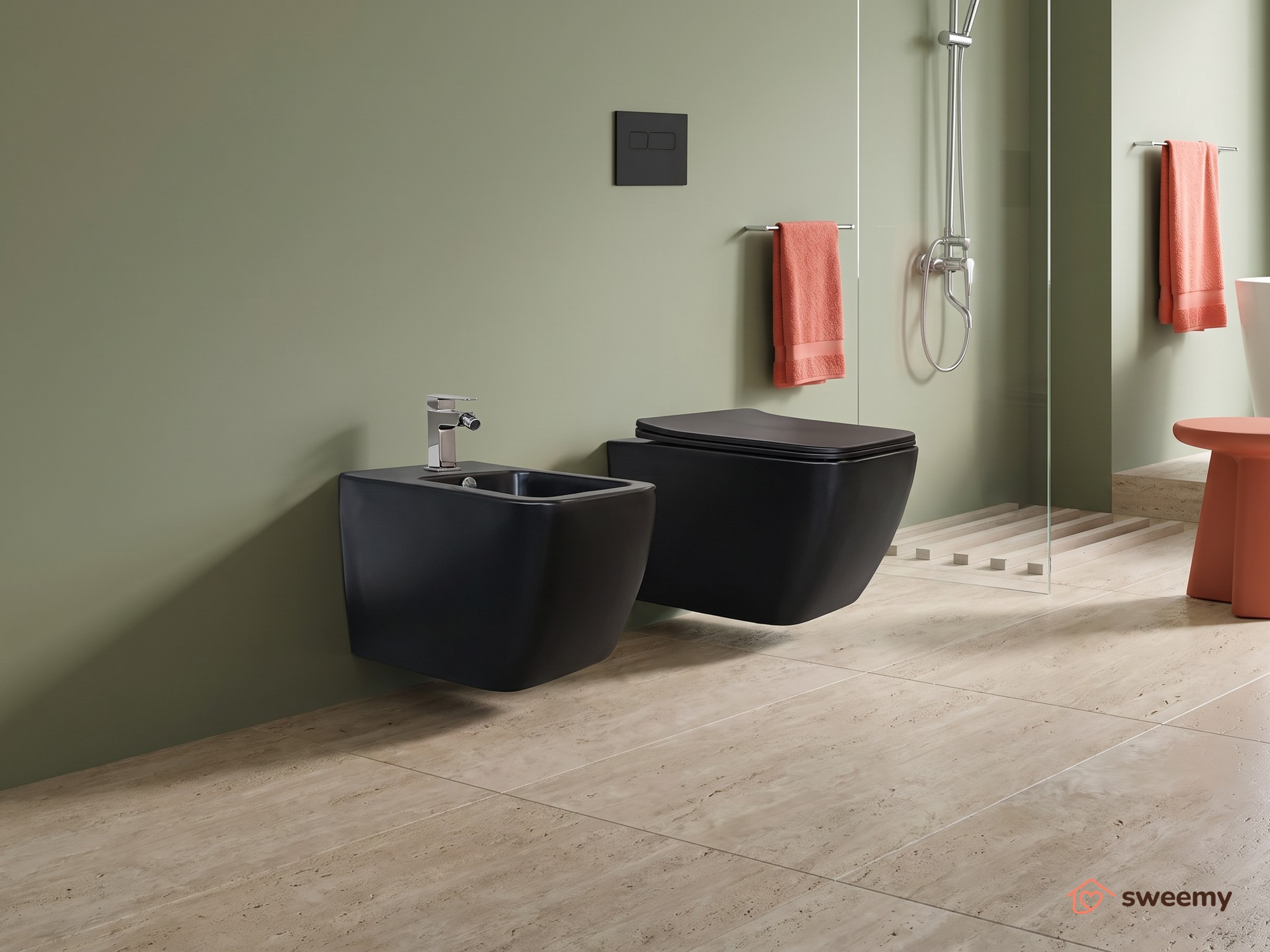Coppia sanitari sospesi SWY-New Edge, rimless senza brida, dimensioni ridotte, coprivaso soft close