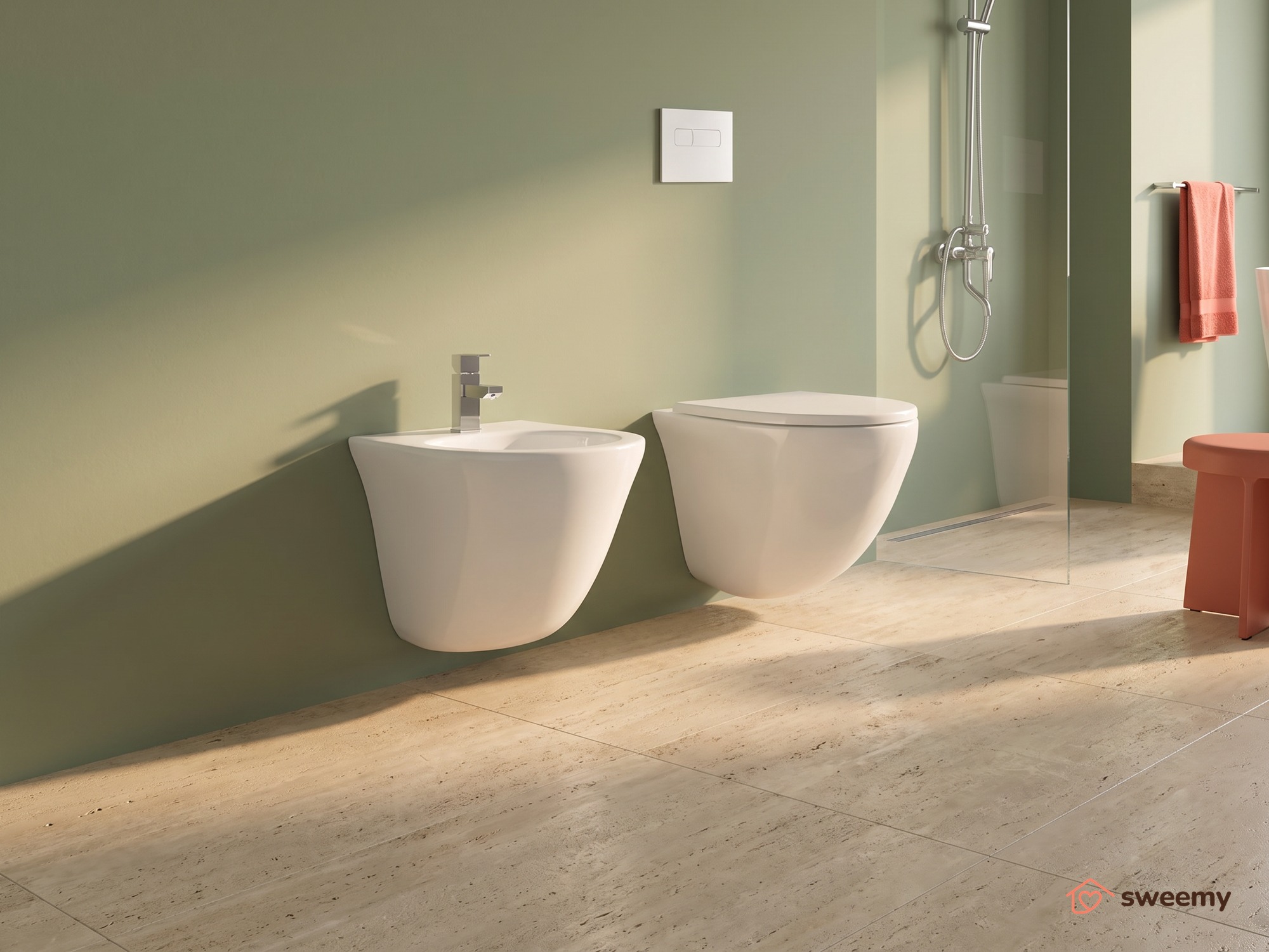 Coppia sanitari sospesi SWY-Flipper, rimless senza brida, coprivaso soft close incluso, bianco lucido