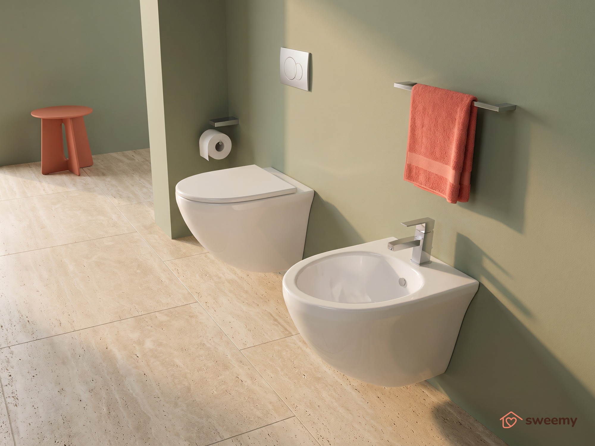 Coppia sanitari sospesi SWY-Flipper, rimless senza brida, coprivaso soft close incluso, bianco lucido - immagine 2
