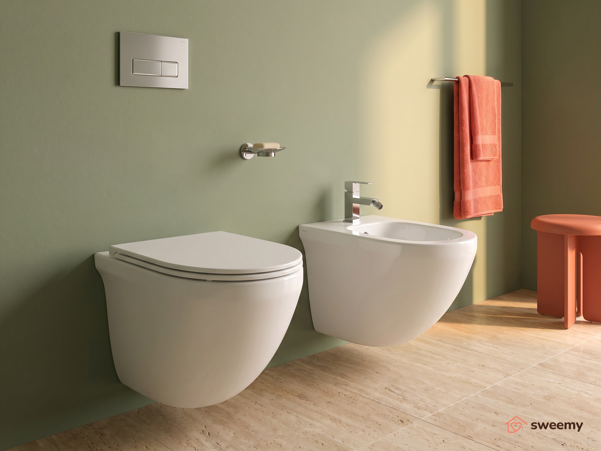Coppia sanitari sospesi SWY-Flipper, rimless senza brida, coprivaso soft close incluso, bianco lucido - immagine 4