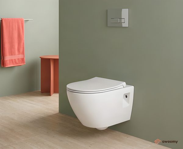 WC sospeso SWY-Flipper, rimless senza brida, coprivaso soft close incluso, profondità 53,5 cm, bianco lucido
