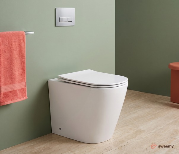 WC a terra SWY-Moon, rimless senza brida, filo muro, coprivaso soft close incluso, profondità 53 cm, bianco lucido