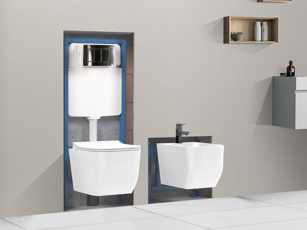 Set telaio a incasso per WC e bidet sospesi SWY-Tecno, autoportante, cassetta a incasso e placca in acciaio inox a doppio pulsante, acciaio inox