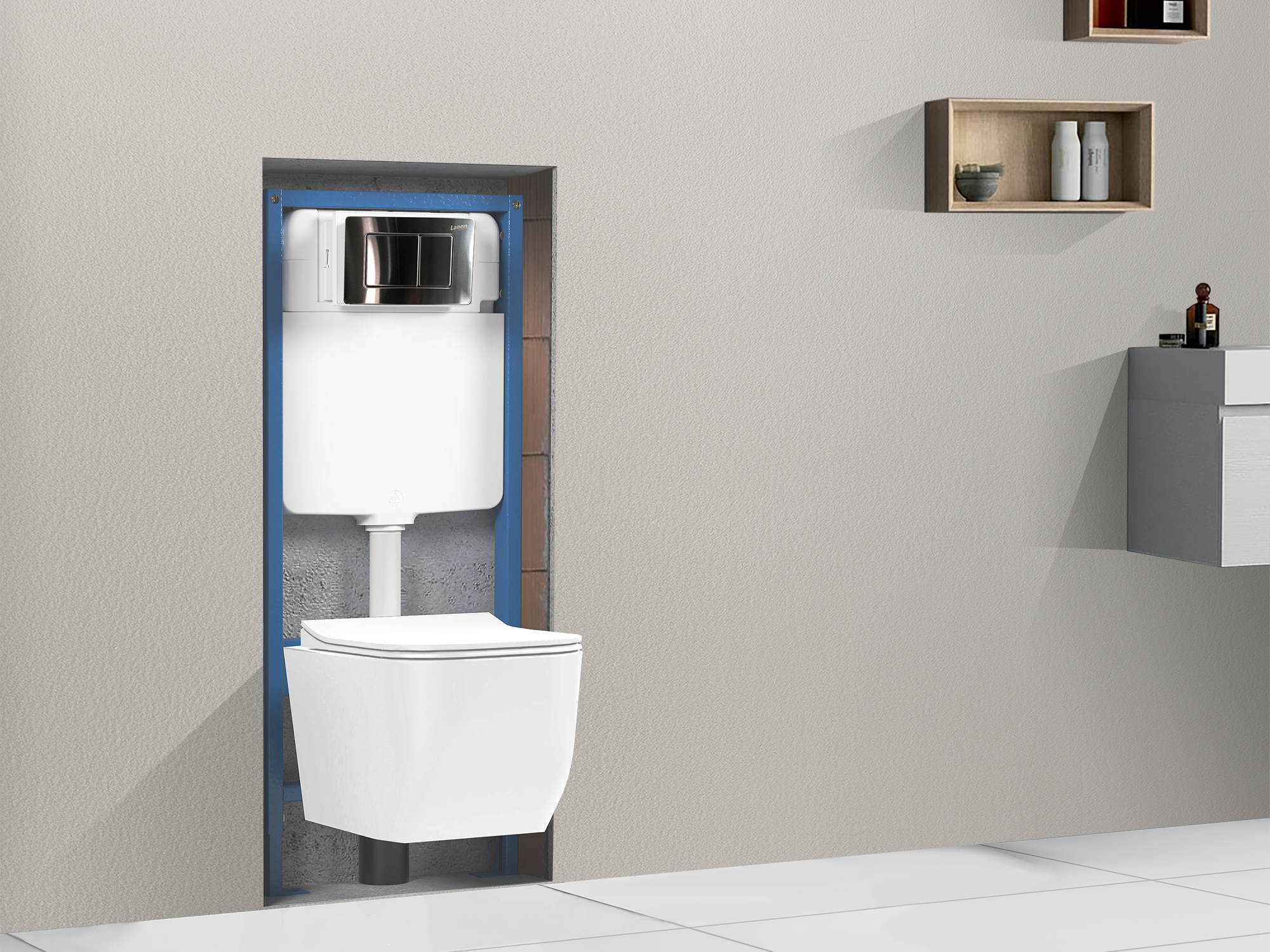 Telaio a incasso per WC sospeso SWY-Tecno, autoportante, cassetta a incasso e placca in acciaio inox a doppio pulsante, acciaio inox