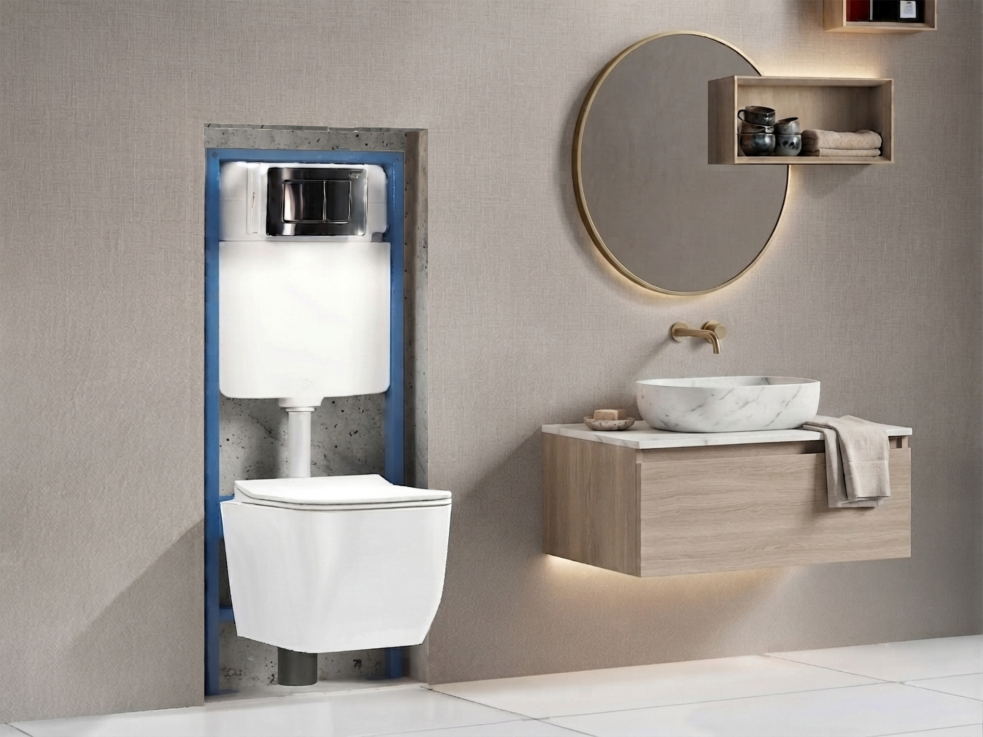 Telaio a incasso per WC sospeso SWY-Tecno, autoportante, cassetta a incasso e placca in acciaio inox a doppio pulsante, acciaio inox - immagine 3