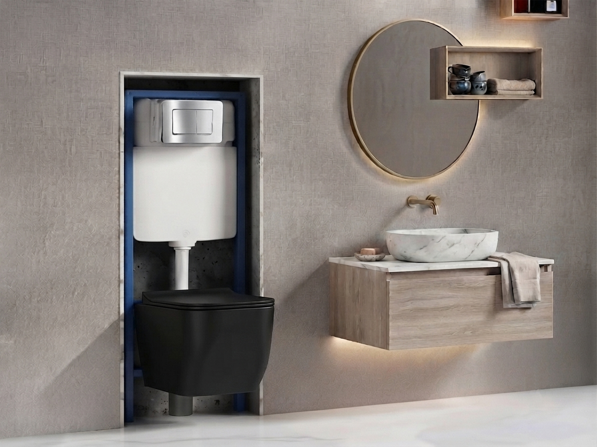 Telaio a incasso per WC sospeso SWY-Tecno, autoportante, cassetta a incasso e placca in acciaio inox a doppio pulsante, acciaio inox - immagine 4