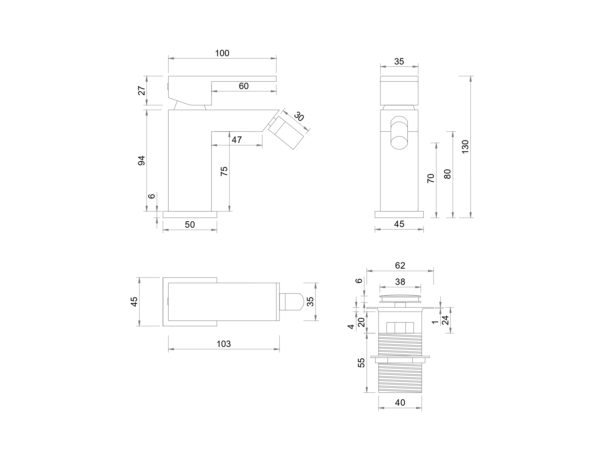 Miscelatore bidet SWY-Quadra, design squadrato, piletta click clack inclusa, cromo - immagine 2