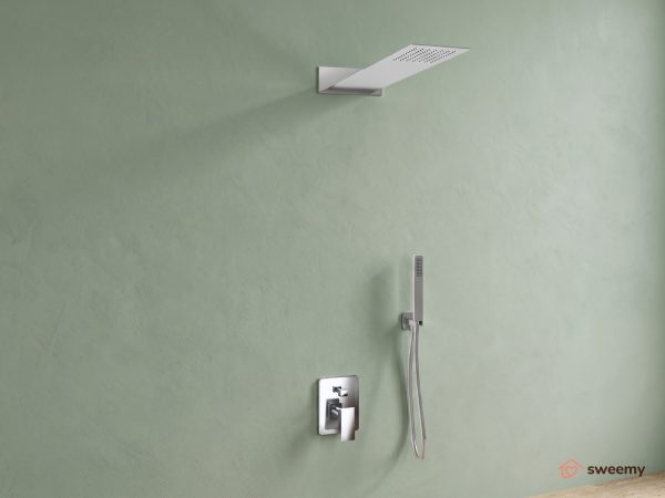 Kit doccia SWY-Inox Slim, 2 vie, presa acqua, flessibile e doccetta inclusi, soffione rettangolare 55 x 23 cm, acciaio inox