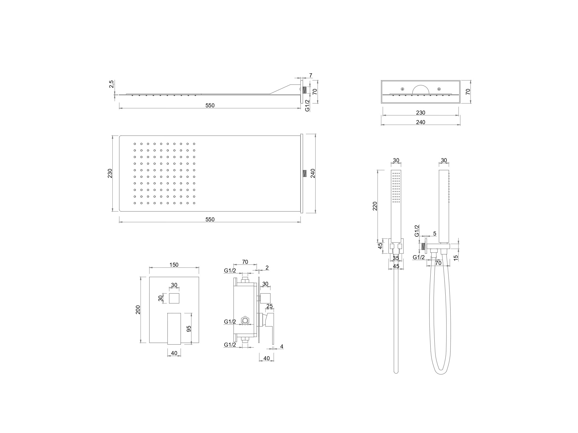 Kit doccia SWY-Inox Slim, 2 vie, presa acqua, flessibile e doccetta inclusi, soffione rettangolare 55 x 23 cm, acciaio inox - immagine 5
