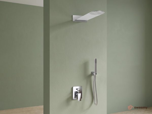 Kit doccia SWY-Inox Slim, 2 vie, presa acqua, flessibile e doccetta inclusi, soffione tondo 55 x 23 cm, acciaio inox