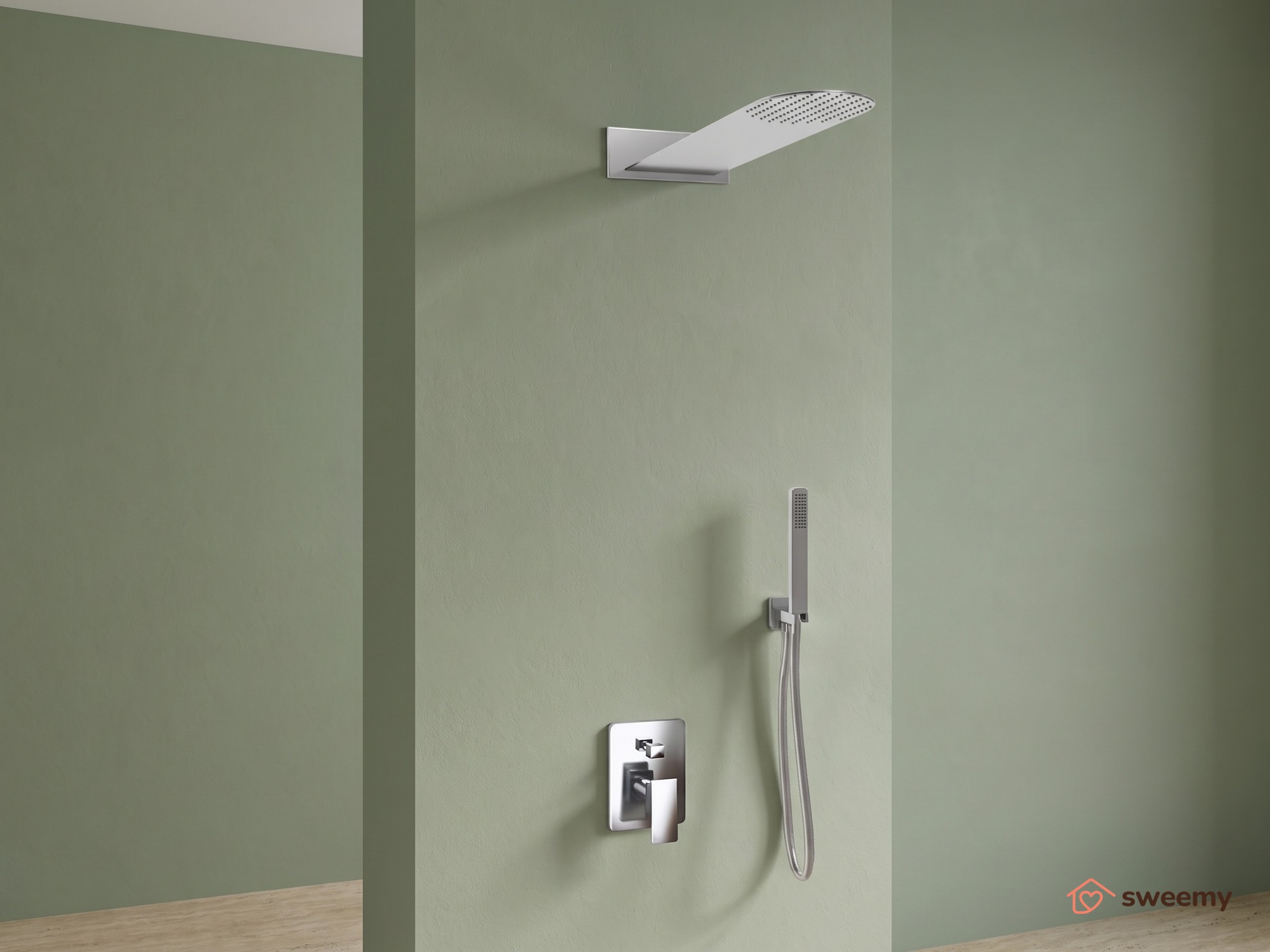 Kit doccia SWY-Inox Slim, 2 vie, presa acqua, flessibile e doccetta inclusi, soffione tondo 55 x 23 cm, acciaio inox