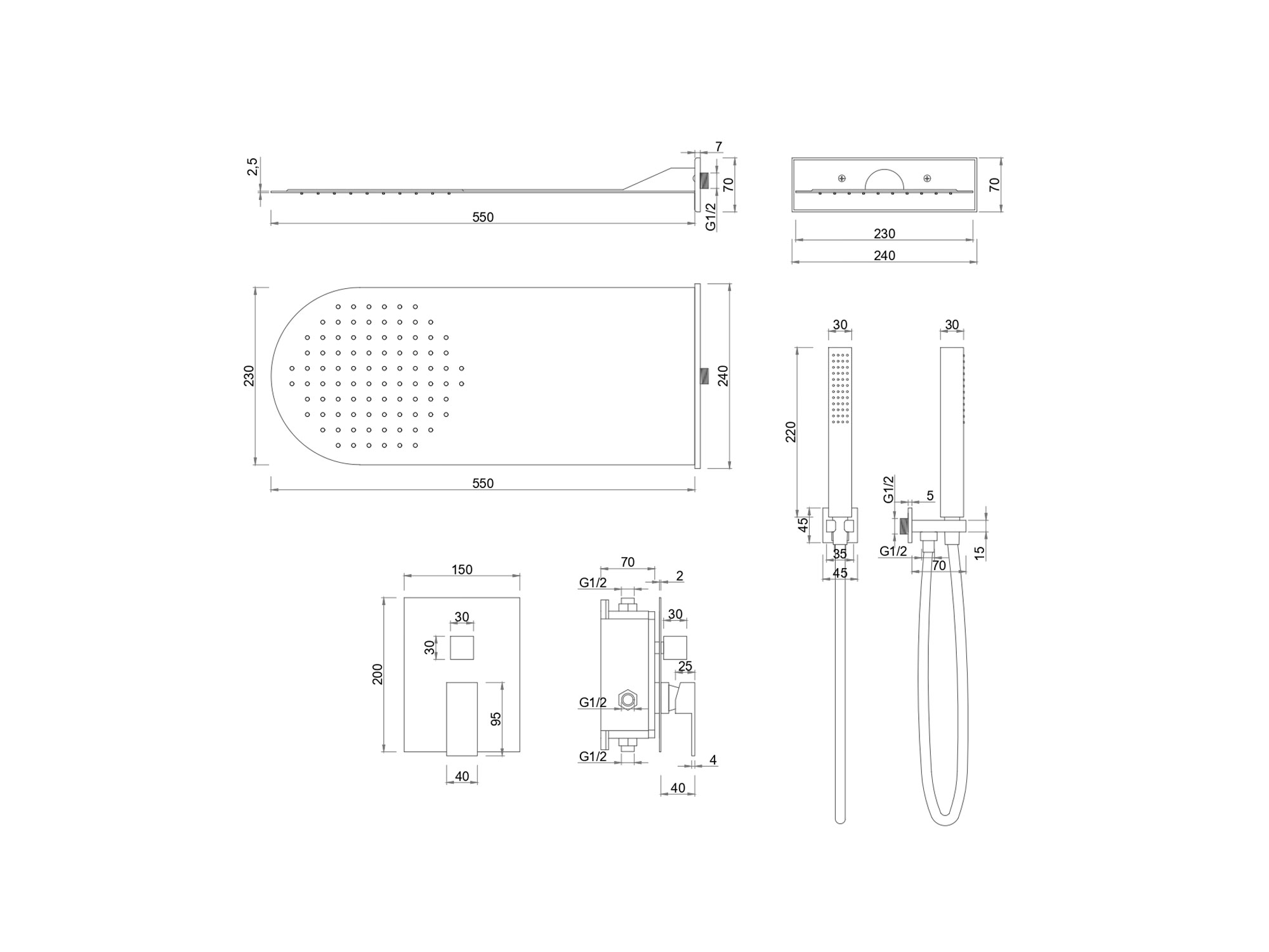 Kit doccia SWY-Inox Slim, 2 vie, presa acqua, flessibile e doccetta inclusi, soffione tondo 55 x 23 cm, acciaio inox - immagine 5