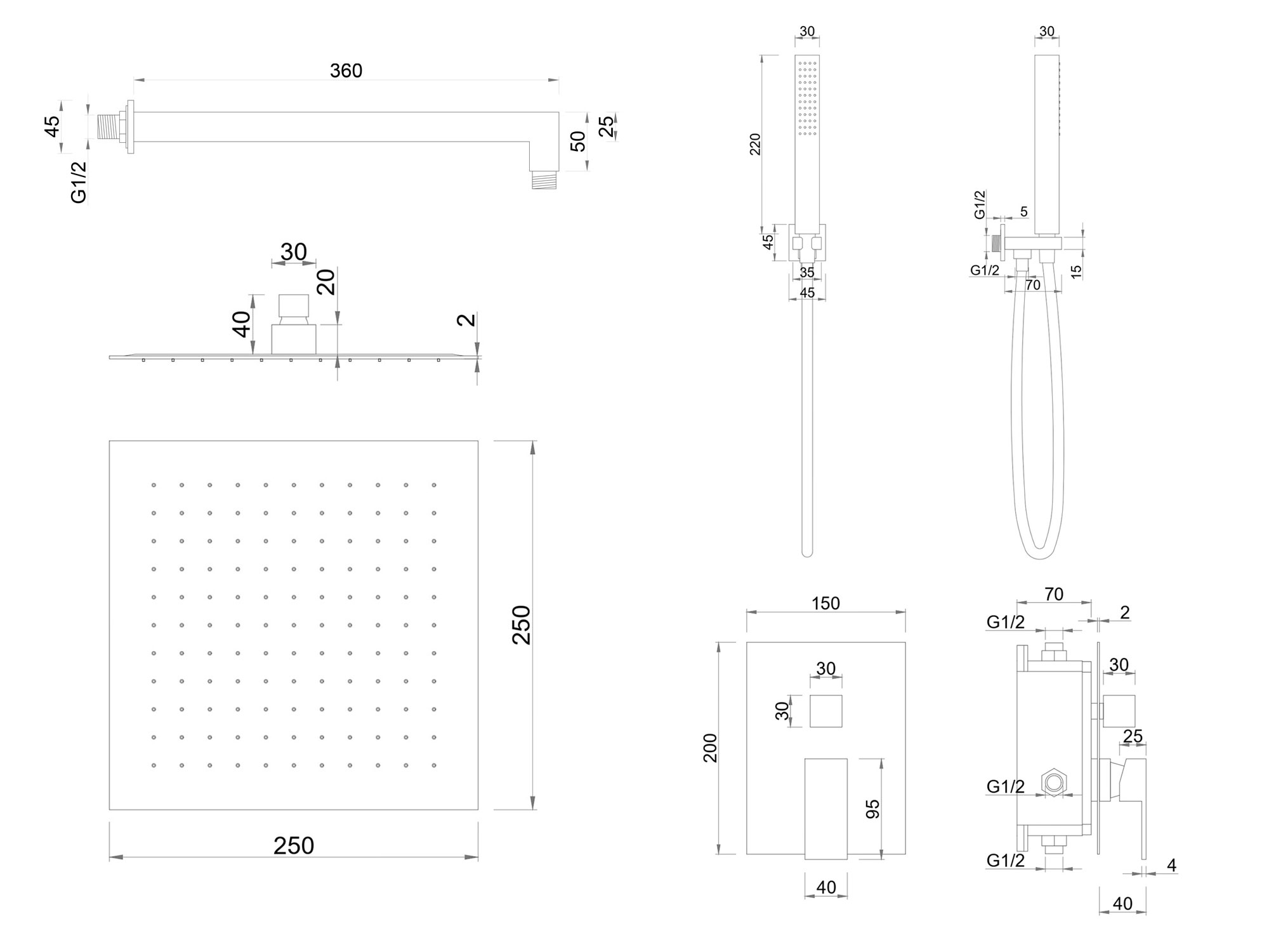 Kit doccia SWY-Inox Slim, 2 vie, braccio da parete, presa acqua, flessibile e doccetta inclusi, acciaio inox - immagine 5