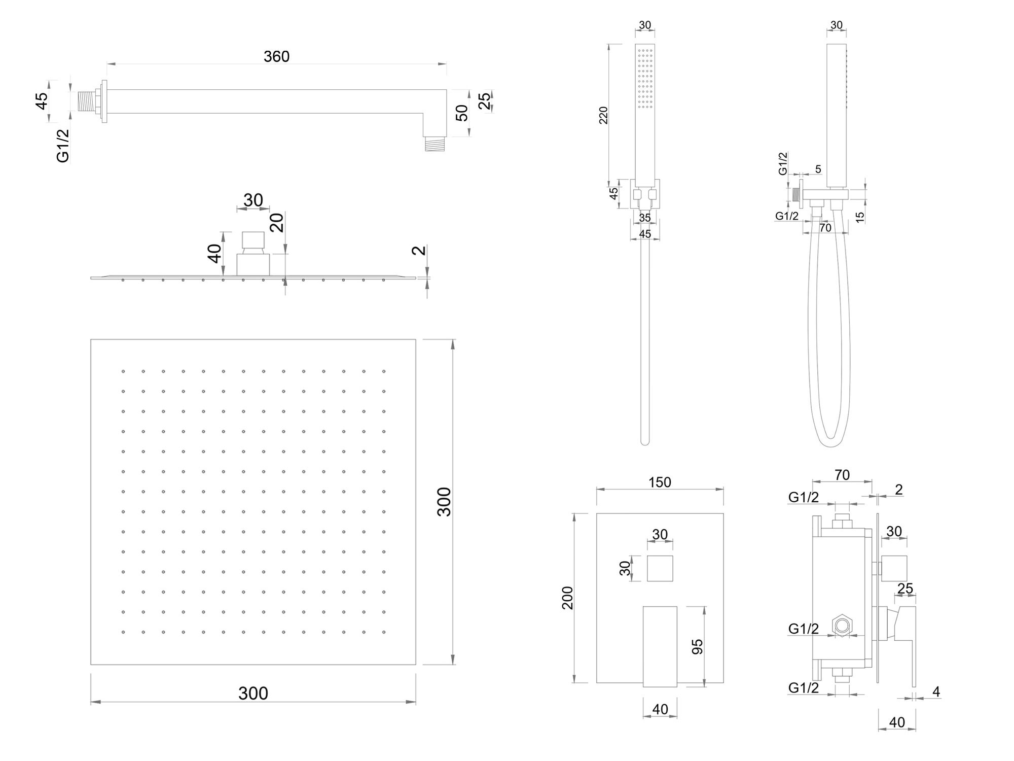 Kit doccia SWY-Inox Slim, 2 vie, braccio da parete, presa acqua, flessibile e doccetta inclusi, acciaio inox - immagine 11