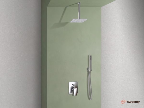 Kit doccia SWY-Inox Slim, 2 vie, braccio da soffitto, presa acqua, flessibile e doccetta inclusi, acciaio inox