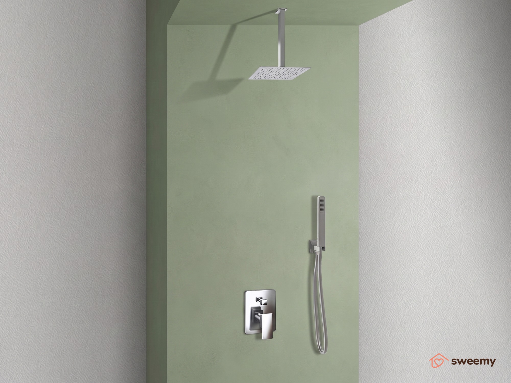 Kit doccia SWY-Inox Slim, 2 vie, braccio da soffitto, presa acqua, flessibile e doccetta inclusi, acciaio inox