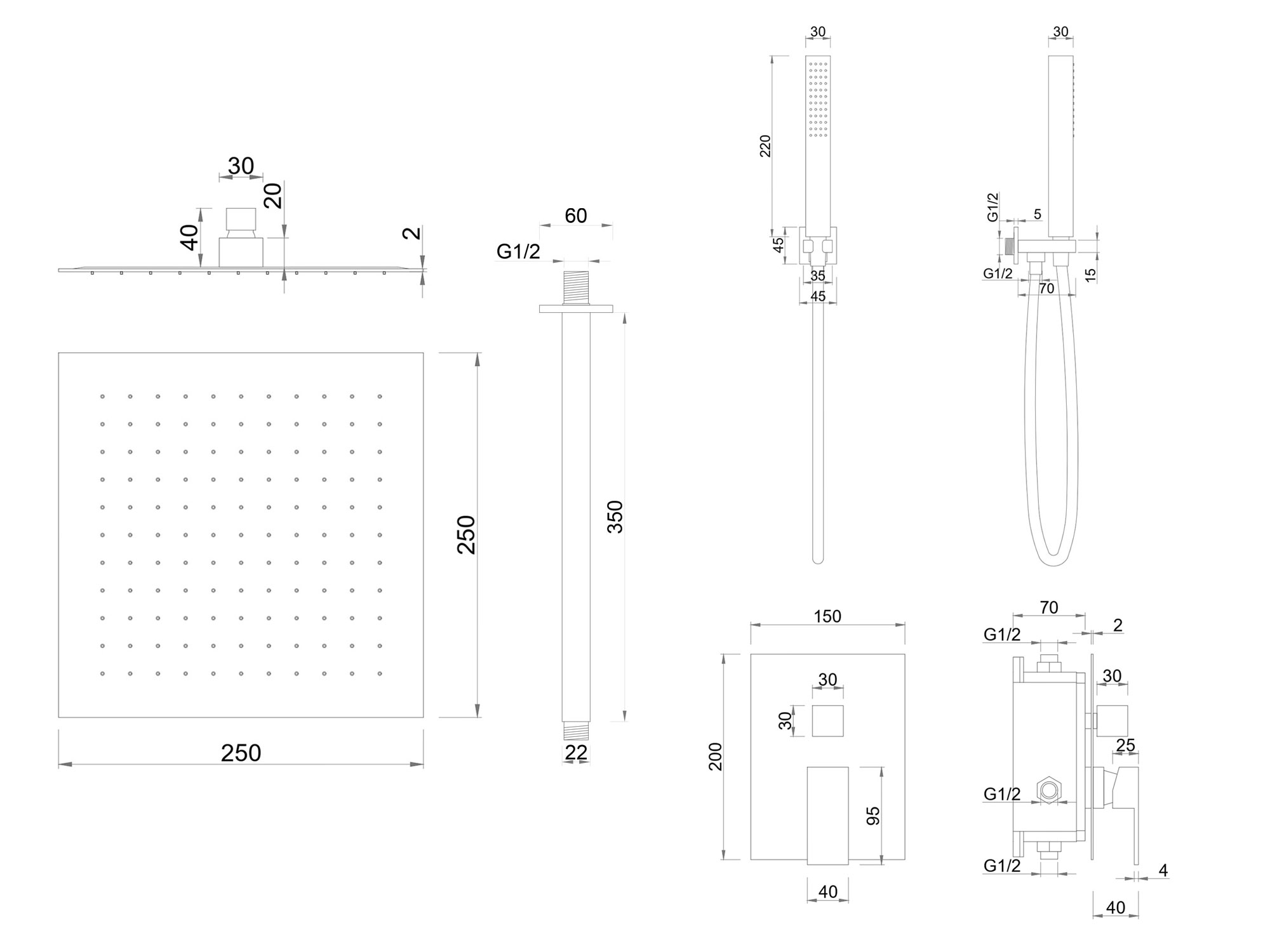 Kit doccia SWY-Inox Slim, 2 vie, braccio da soffitto, presa acqua, flessibile e doccetta inclusi, acciaio inox - immagine 5