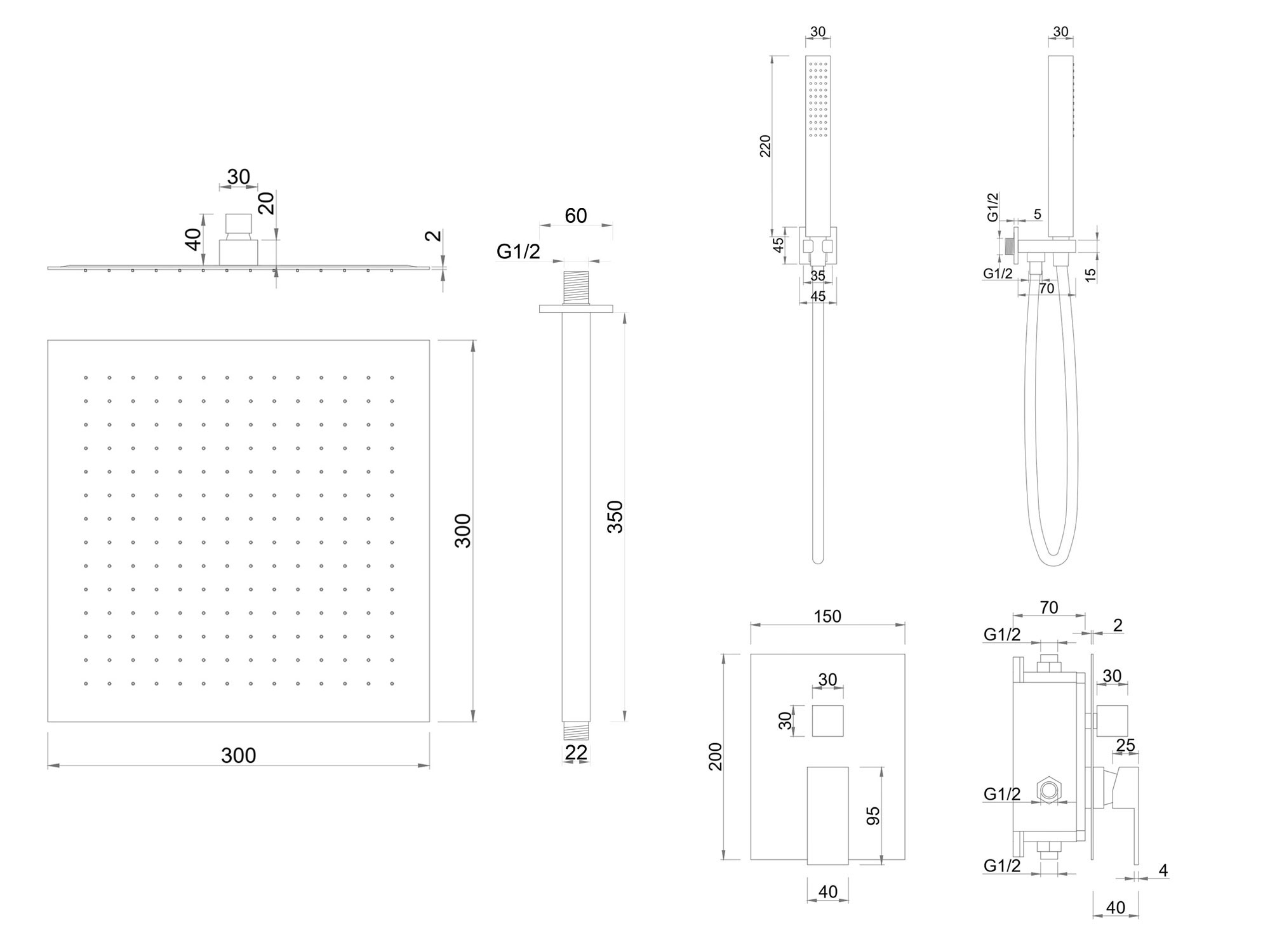 Kit doccia SWY-Inox Slim, 2 vie, braccio da soffitto, presa acqua, flessibile e doccetta inclusi, acciaio inox - immagine 11