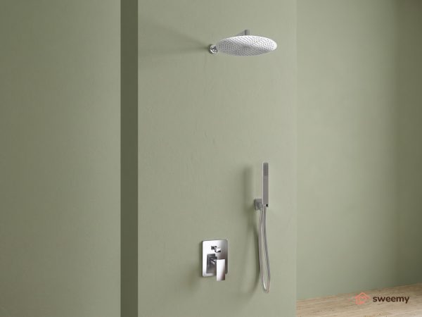 Kit doccia SWY-Inox Slim, 2 vie, braccio da parete, presa acqua, flessibile e doccetta inclusi, soffione tondo 25 cm, acciaio inox
