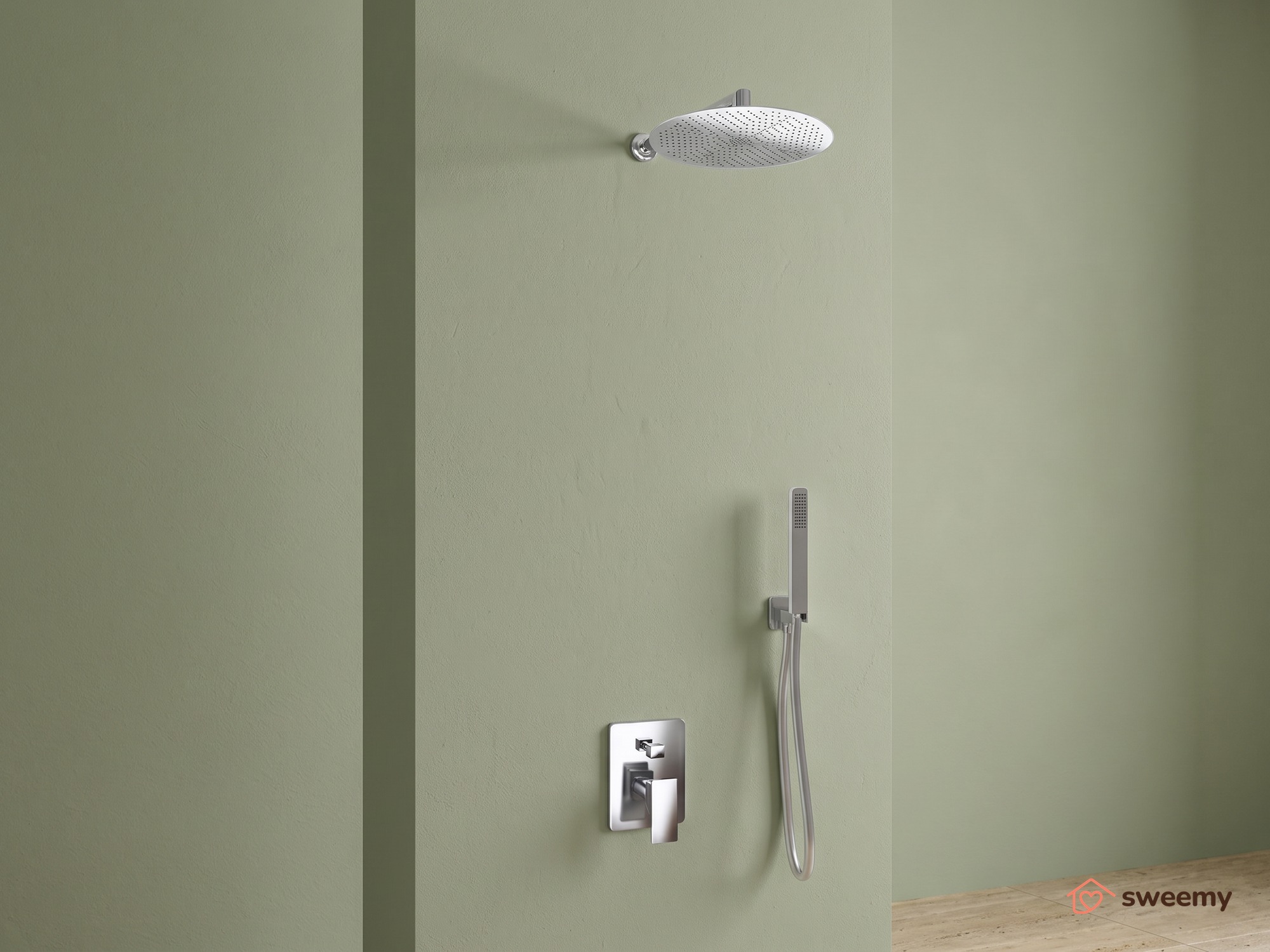 Kit doccia SWY-Inox Slim, 2 vie, braccio da parete, presa acqua, flessibile e doccetta inclusi, soffione tondo 25 cm, acciaio inox