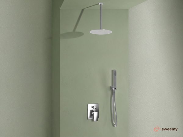 Kit doccia SWY-Inox Slim, 2 vie, braccio da soffitto, presa acqua, flessibile e doccetta inclusi, soffione tondo 25 cm, acciaio inox