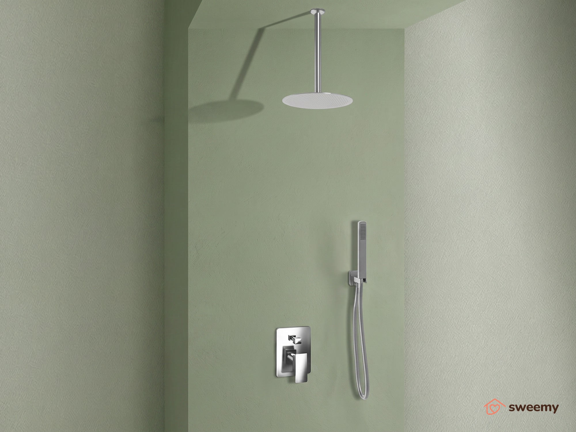 Kit doccia SWY-Inox Slim, 2 vie, braccio da soffitto, presa acqua, flessibile e doccetta inclusi, soffione tondo 25 cm, acciaio inox