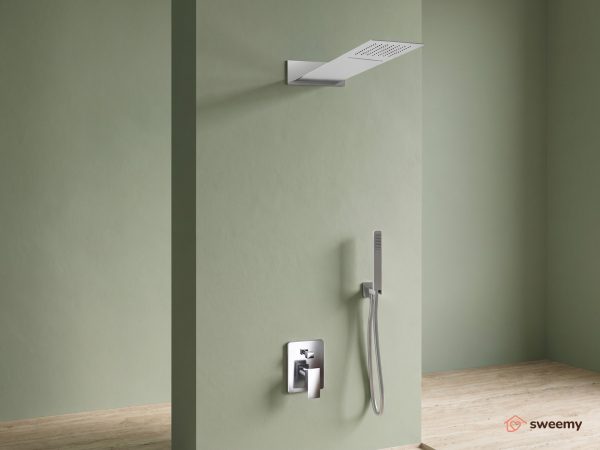 Kit doccia SWY-Inox Slim, 3 vie con cascata cervicale, presa acqua, flessibile e doccetta, soffione rettangolare 55 x 23 cm