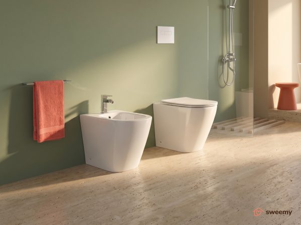Coppia sanitari a terra SWY-Moon, rimless senza brida, filo muro, coprivaso soft close incluso, bianco lucido